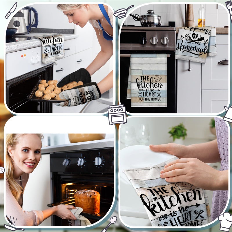 Sratte 6 Pcs Kitchen Decor Accessories Set Farmhouse Towels Pot Holders Oven Mitts Set 2 Dish Towels 2 Potholders 2 Cooking Mittens Oven Glove for Christmas Baking Cooking Supply(Brown Green,Kitchen) - Image 5