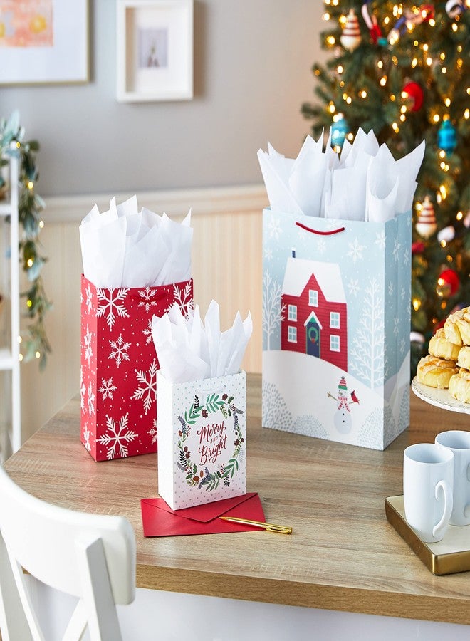 Hallmark Rustic Christmas Gift Bag Assortment (8 Bags: 3 Small 6", 3 Medium 9", 2 Large 13") Gray, White and Red, Farmhouse, Snowman, Snowflakes, Merry and Bright Wreath - Image 2