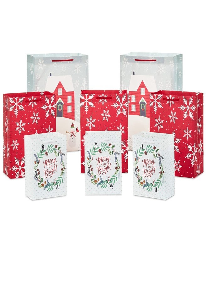 Hallmark Rustic Christmas Gift Bag Assortment (8 Bags: 3 Small 6", 3 Medium 9", 2 Large 13") Gray, White and Red, Farmhouse, Snowman, Snowflakes, Merry and Bright Wreath - Image 1
