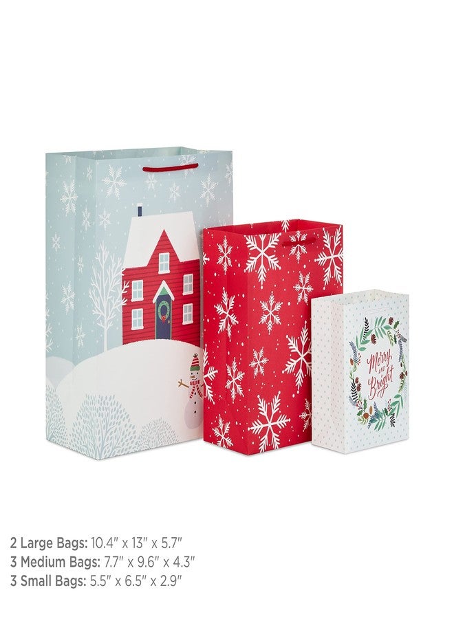 Hallmark Rustic Christmas Gift Bag Assortment (8 Bags: 3 Small 6", 3 Medium 9", 2 Large 13") Gray, White and Red, Farmhouse, Snowman, Snowflakes, Merry and Bright Wreath - Image 3