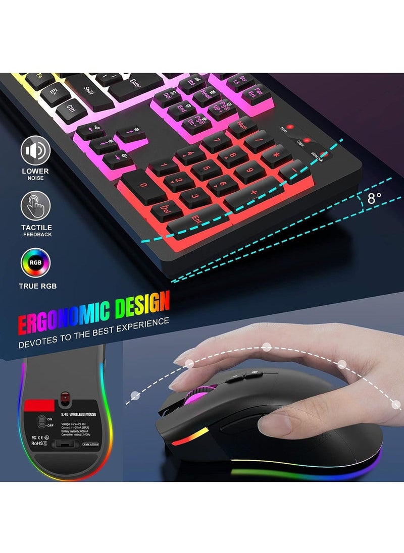 Captaintech - Gaming Keyboard and Mouse Combo RGB Rechargeable 3000mAh Battery Pudding Keycaps Anti-ghosting Keyboard + 7D 4800DPI Vertical Feel Wireless Mouse for PC Gamer - Image 1