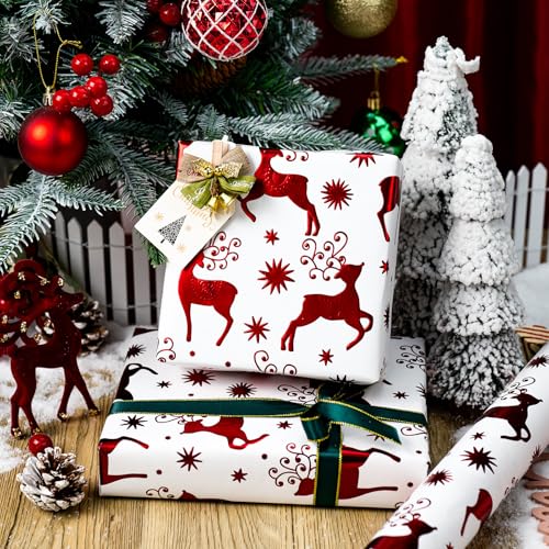 Yarcony Kraft Christmas Wrapping Paper Cute Vintage 3D Reindeer Wrapping Paper Luxury Red Christmas Deer Design Gift Wrap with 3D Embossed Foil for New Year HolidayVacation 17 Inch X 33 Feet - Image 3