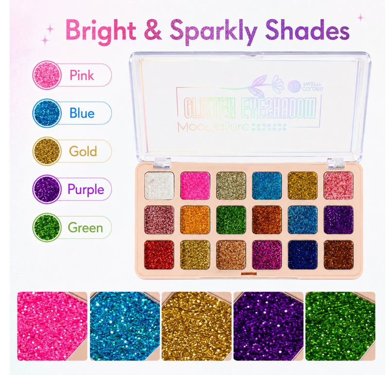 Me Now 18 Colors Glitter Eyeshadow Palette, Multicolor Shimmer Eye Shadow Palette, Sparkly Pressed Glitter Makeup for Party Festival Evening and Daily Look 01 - Image 3