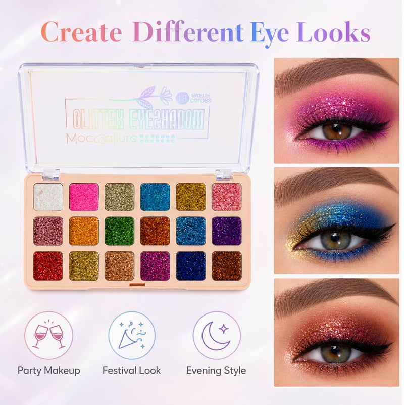 Me Now 18 Colors Glitter Eyeshadow Palette, Multicolor Shimmer Eye Shadow Palette, Sparkly Pressed Glitter Makeup for Party Festival Evening and Daily Look 01 - Image 5