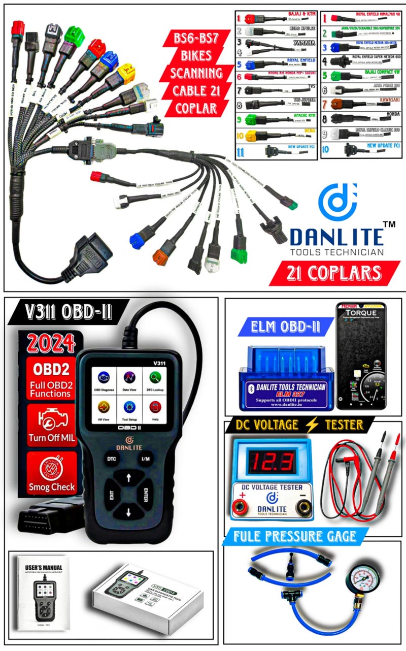 DANLITE TOOLS TECHNICIAN BS6-BS7 Bike Scanning Cable [21 COPLAR] with V311 OBD-II with Fast connectivity DC Voltage Tester Fule Pressure Gage Elm 327 Scanner Full Combo Kit… - Image 2