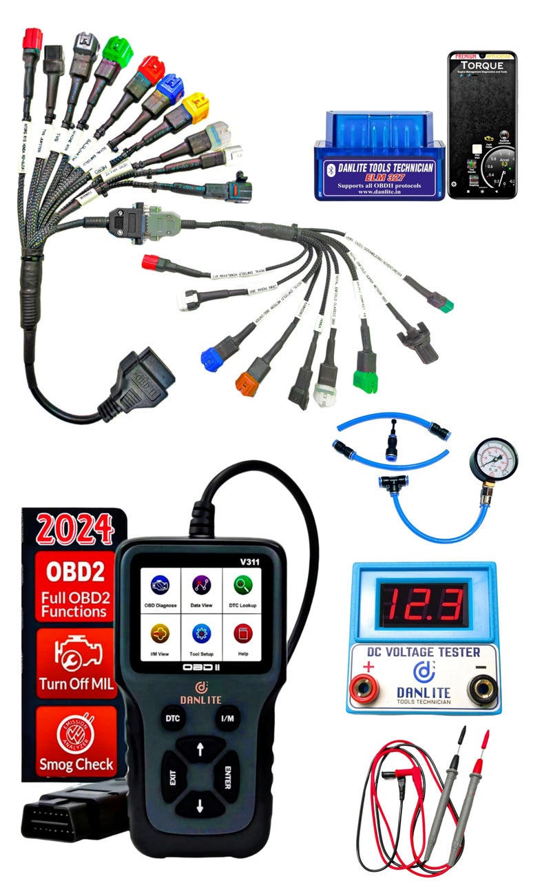 DANLITE TOOLS TECHNICIAN BS6-BS7 Bike Scanning Cable [21 COPLAR] with V311 OBD-II with Fast connectivity DC Voltage Tester Fule Pressure Gage Elm 327 Scanner Full Combo Kit… - Image 1