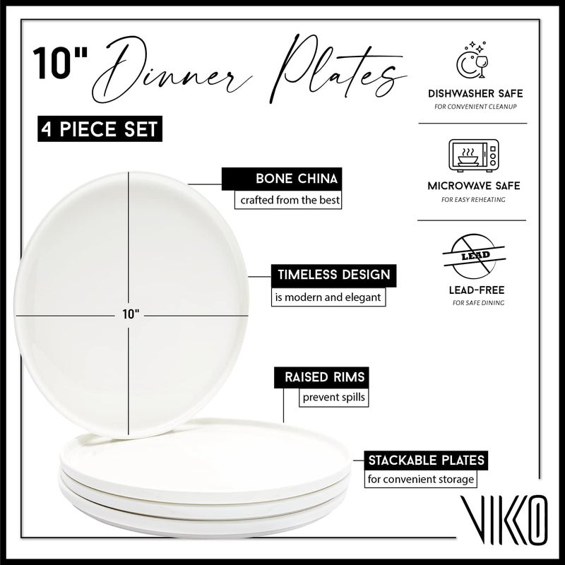 Vikko Salad Plate Set of 4 White Plates Bone China Stackable 10 Inch Dinner Plates Dishwasher Safe - Image 5