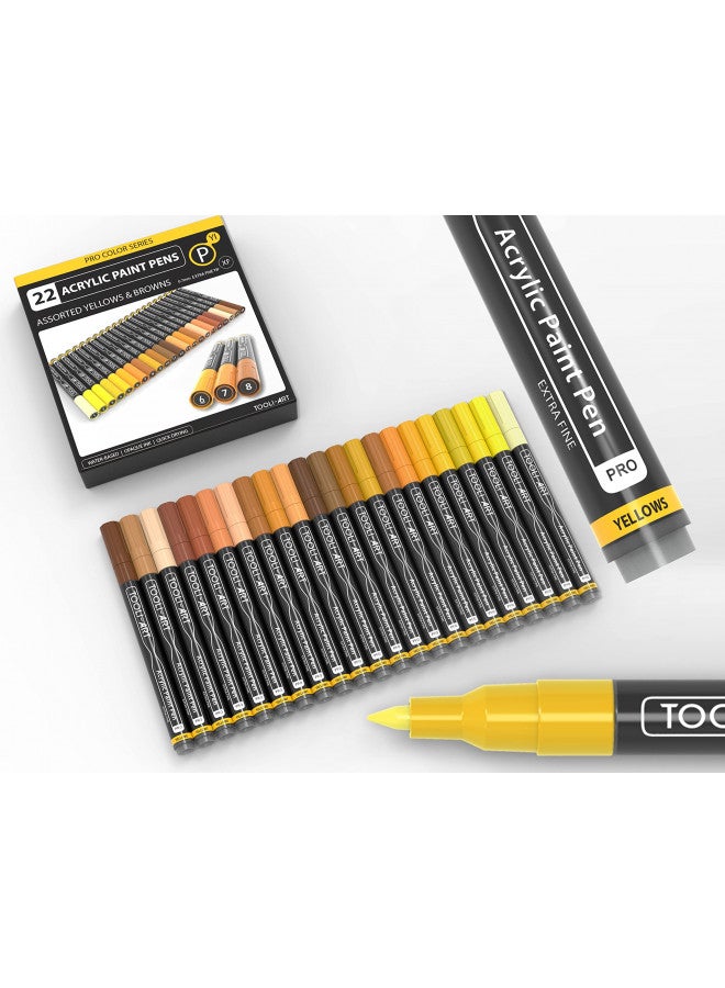 TOOLI-ART Acrylic Paint Pens 22 Yellow & Brown Tones Assorted Pro Color Series Markers Set 0.7mm Extra Fine Tip for Rock Painting, Glass, Mugs, Wood, Metal, Canvas, Projects, Non Toxic, Waterbased, Quick Drying - Image 1