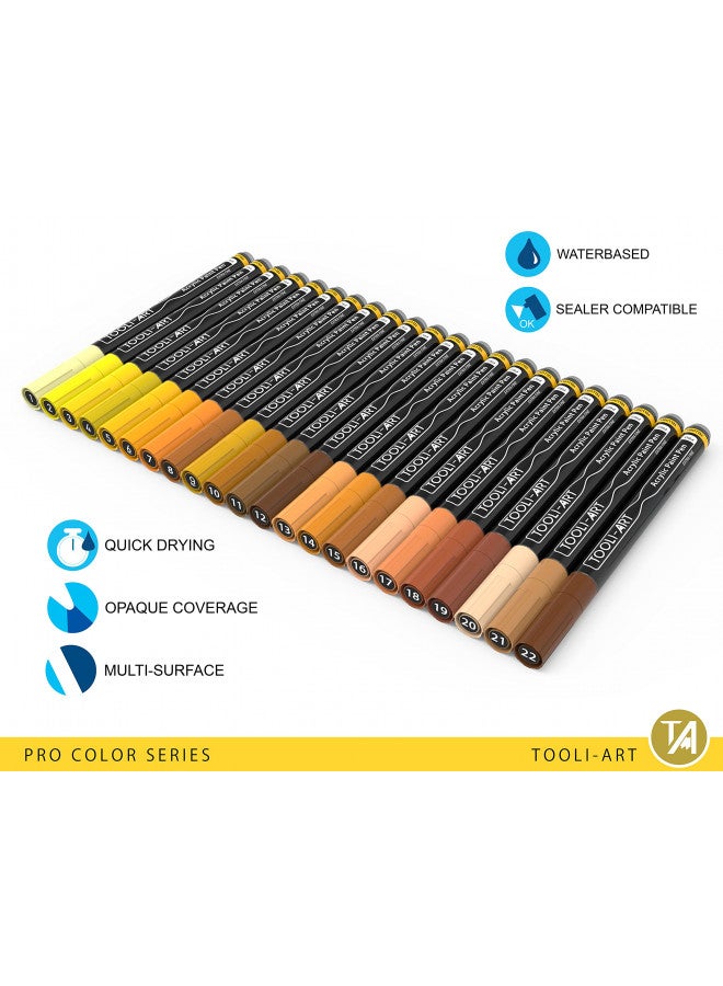 TOOLI-ART Acrylic Paint Pens 22 Yellow & Brown Tones Assorted Pro Color Series Markers Set 0.7mm Extra Fine Tip for Rock Painting, Glass, Mugs, Wood, Metal, Canvas, Projects, Non Toxic, Waterbased, Quick Drying - Image 4