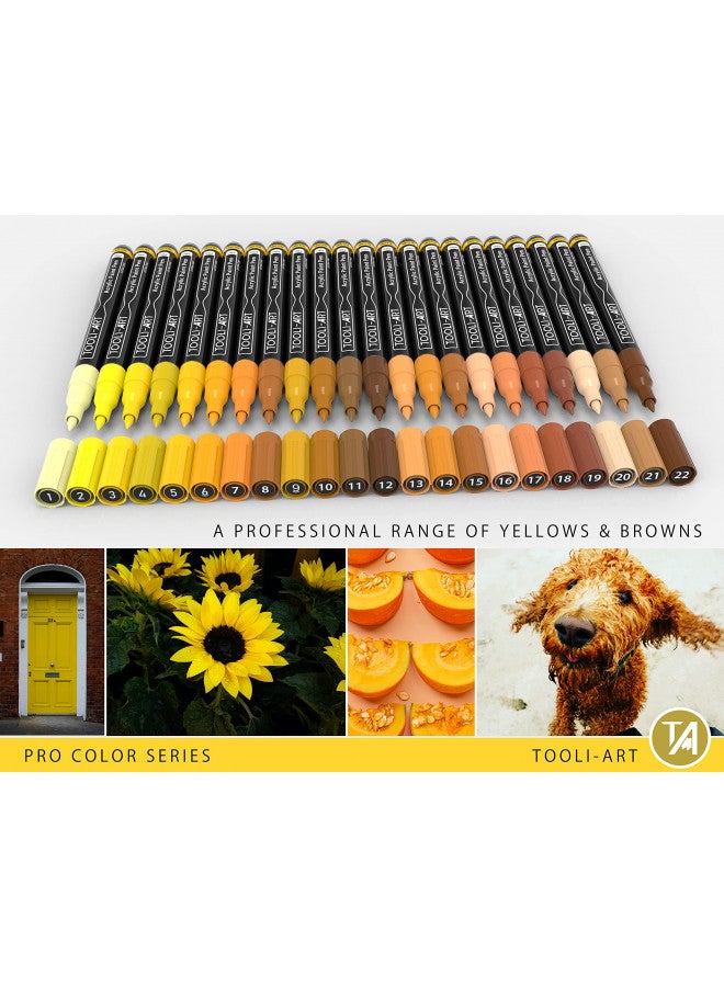TOOLI-ART Acrylic Paint Pens 22 Yellow & Brown Tones Assorted Pro Color Series Markers Set 0.7mm Extra Fine Tip for Rock Painting, Glass, Mugs, Wood, Metal, Canvas, Projects, Non Toxic, Waterbased, Quick Drying - Image 2