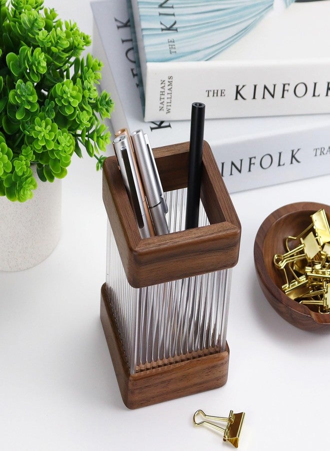 MultiBey Walnut Wooden Pencil Holder, Clear Acrylic Wood Pen Holder, Black Walnut Desktop Pencil Cup Stand Wood Desk Accessory Organizer for School Office Home Supplies - Image 2