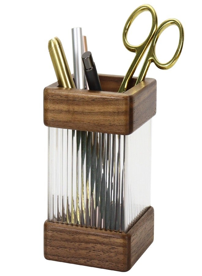MultiBey Walnut Wooden Pencil Holder, Clear Acrylic Wood Pen Holder, Black Walnut Desktop Pencil Cup Stand Wood Desk Accessory Organizer for School Office Home Supplies - Image 1