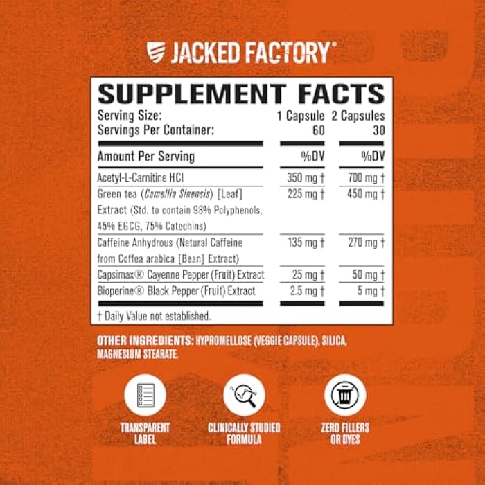 Jacked Factory جاكيد فاكوري بيرن-إكس تي مكمل حرق الدهون المدروس سريرياً وفقدان الوزن - مثبط للشهية ومعزز للطاقة - مع أسيتيل L-كارنيتين، مستخلص الشاي الأخضر والمزيد - 60 حبة طبيعية للحمية - Image 4