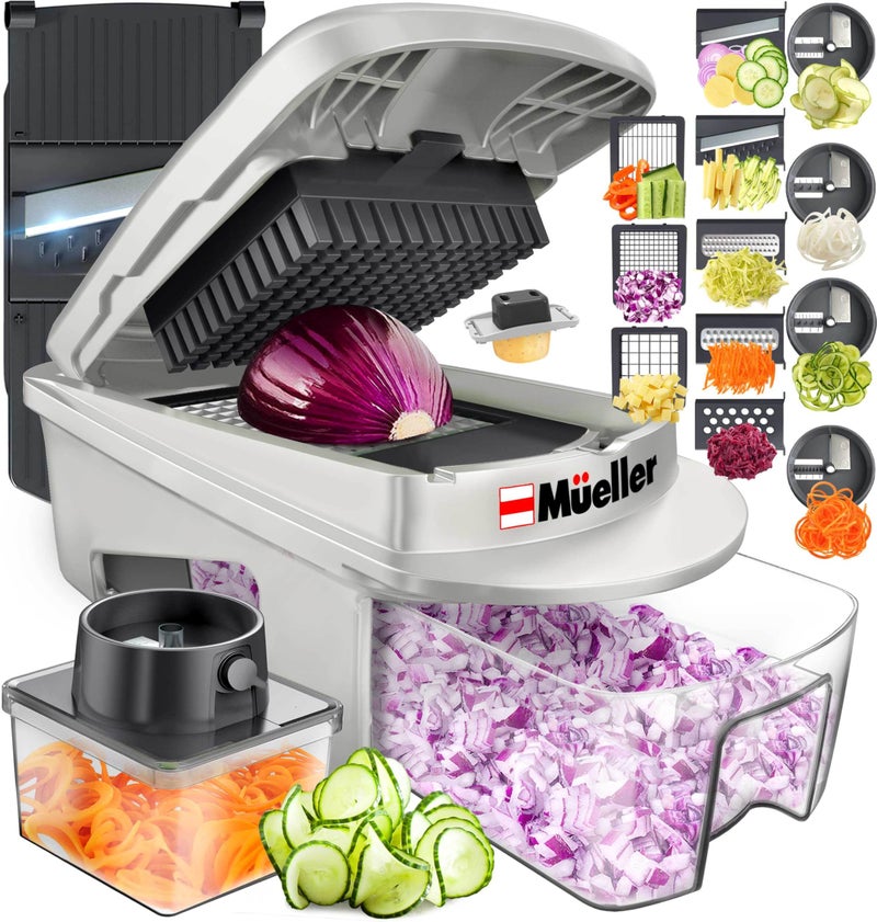 Mueller Pro-Series All-in-One, 12 Blade Mandoline Slicer for Kitchen, Food Chopper, Vegetable Slicer and Spiralizer, Cutter, Dicer, Grater, Kitchen Gadgets Sets with Container, White Sand/Gray - Image 1