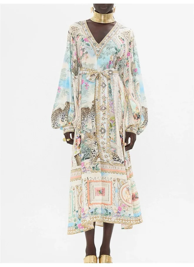 Madam Uniq Vintage Palace Print Silk Loose Flowy Resort Cover-Up Maxi Dress