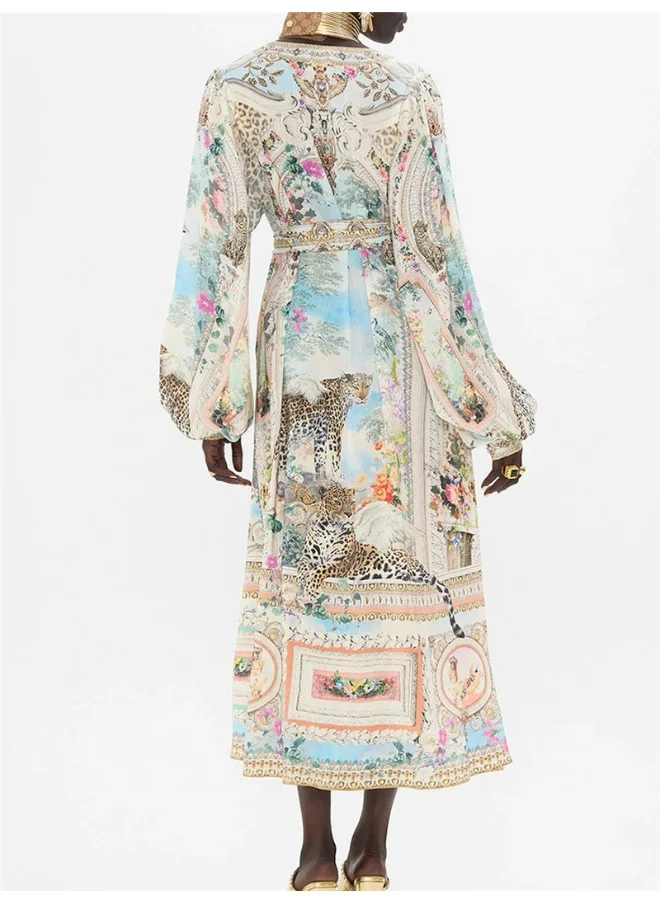 Madam Uniq Vintage Palace Print Silk Loose Flowy Resort Cover-Up Maxi Dress