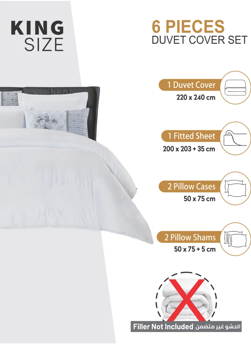 دوناتيلا Duvet Set 6-Pcs King Size Striped Microfiber Bed Set With 1 Duvet Cover(220 X 240 CM) 1 Fitted Sheet 2 PillowSham And 2 Digital Printed Pillowcases(Without Filler),White