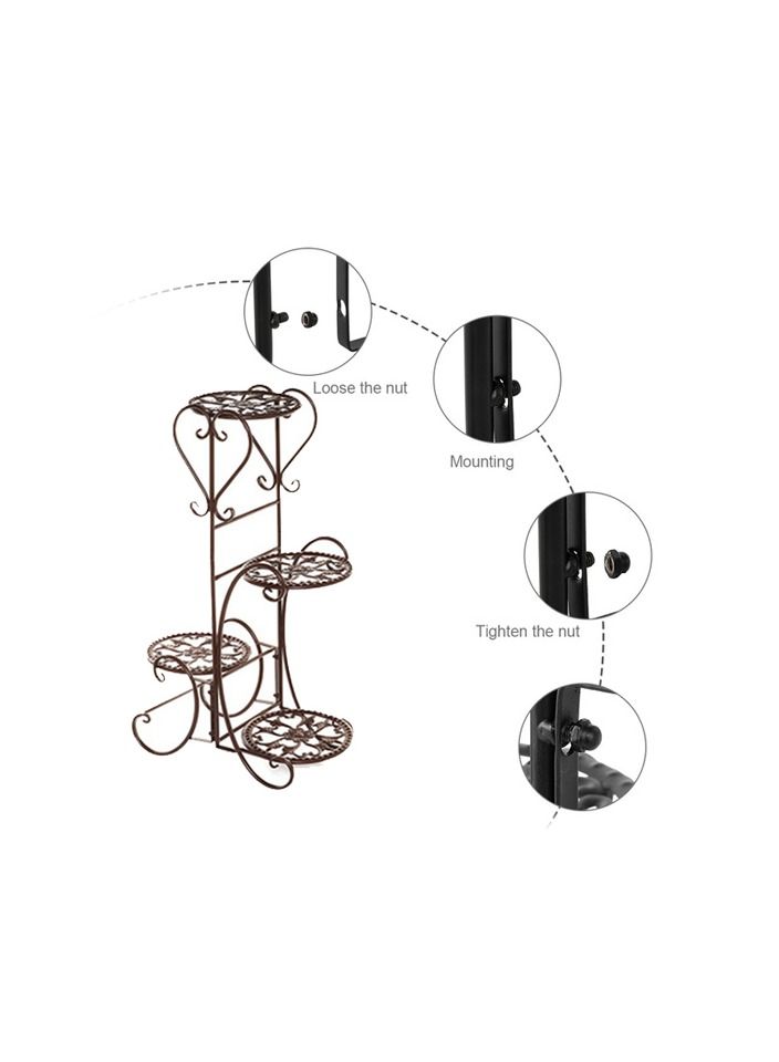 1-Piece 4 Tiers Metal Shelves Flower Pot Plant Stand Display Indoor Outdoor Garden Home Patio Brown Color - Image 2
