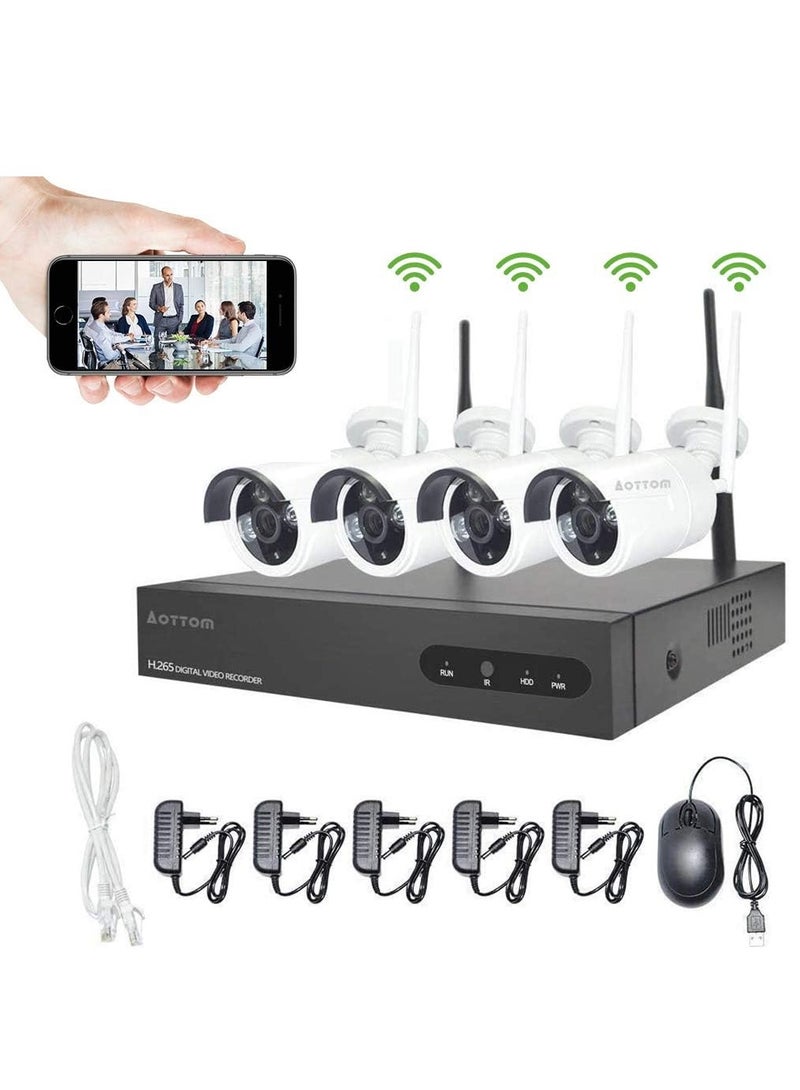 كاميرا مراقبة فيديو رصاصية واي فاي Aottom 8CH كاميرات مراقبة واي فاي - مجموعة NVR 8 قنوات + 4 كاميرات 720 بكسل، رؤية ليلية، كشف الحركة، إنذار البريد الإلكتروني، P2P، بدون قرص صلب - Image 1