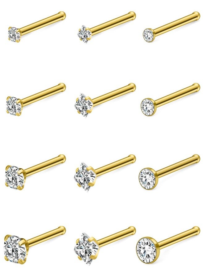 Hoeudjo Nose Studs Surgical Steel Cubic Zirconia Nose Rings Kit for Women Men Gold Tiny Nose Stud Bone Nostril Piercing Jewelry 18 Gauge 12 Pieces - Image 1