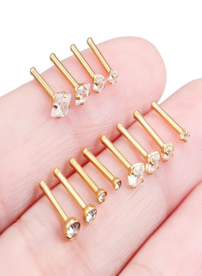 Hoeudjo Nose Studs Surgical Steel Cubic Zirconia Nose Rings Kit for Women Men Gold Tiny Nose Stud Bone Nostril Piercing Jewelry 18 Gauge 12 Pieces - Image 4