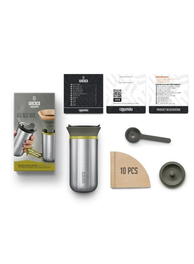 WACACO CUPPAMOKA - Portable Pour Over Coffe Maker, Portable Drip Coffee Maker, Filter American Coffee Machine w/ 10 Cone Paper Filters, Manually Operated, Stainless Steel Coffee Brewer, 10 fl oz Silver/Grey/Green