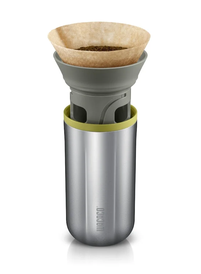 WACACO CUPPAMOKA - Portable Pour Over Coffe Maker, Portable Drip Coffee Maker, Filter American Coffee Machine w/ 10 Cone Paper Filters, Manually Operated, Stainless Steel Coffee Brewer, 10 fl oz Silver/Grey/Green
