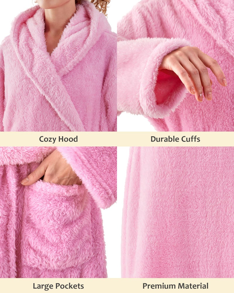 KORBLISS Robes for Women â€“ Hooded Premium Womens Plush Soft Robe Fluffy, Warm, Fleece Sherpa Shaggy Bathrobe, Soft Warm Womens Robe with Pockets and Belt, Pink, Large - Image 1