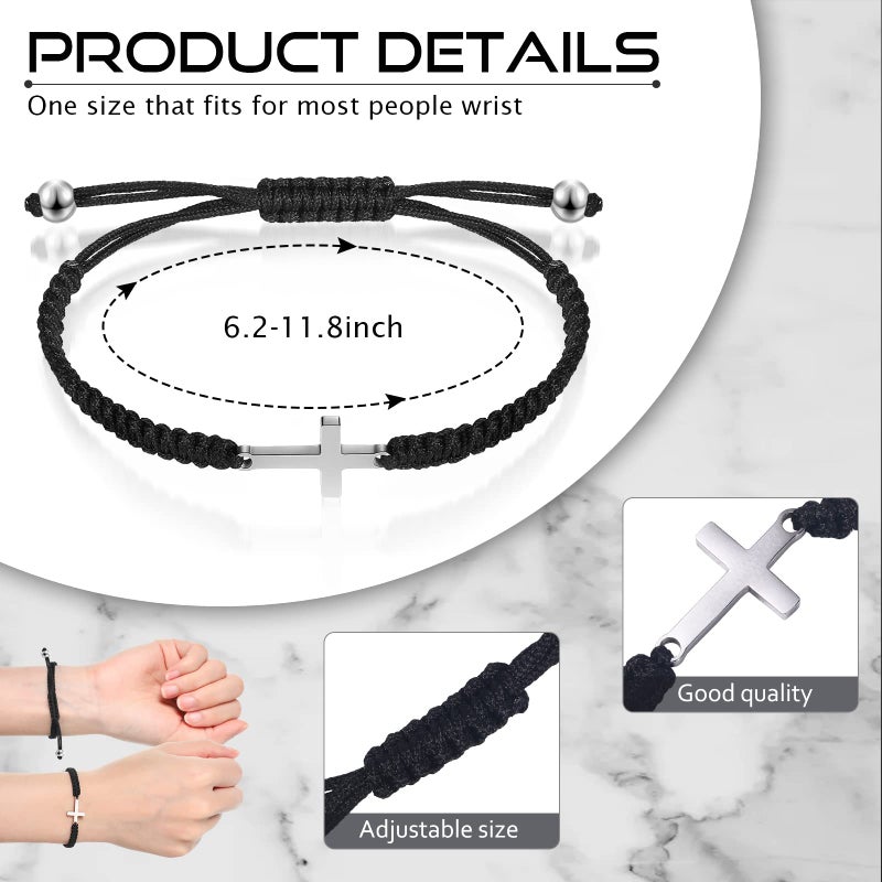 Sureio 2 Pieces Friendship Cross Bracelet Black String Rope Braided Bracelet Cross Charm Adjustable Handmade Matching Couple Bracelets for Women Men Brother Kabbalah Strand Lucky BFF Bracelets (Black) - Image 2