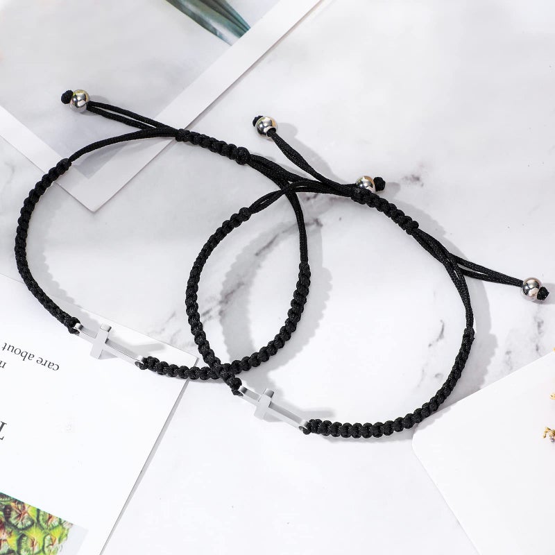 Sureio 2 Pieces Friendship Cross Bracelet Black String Rope Braided Bracelet Cross Charm Adjustable Handmade Matching Couple Bracelets for Women Men Brother Kabbalah Strand Lucky BFF Bracelets (Black) - Image 4
