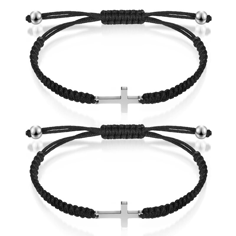 Sureio 2 Pieces Friendship Cross Bracelet Black String Rope Braided Bracelet Cross Charm Adjustable Handmade Matching Couple Bracelets for Women Men Brother Kabbalah Strand Lucky BFF Bracelets (Black) - Image 1