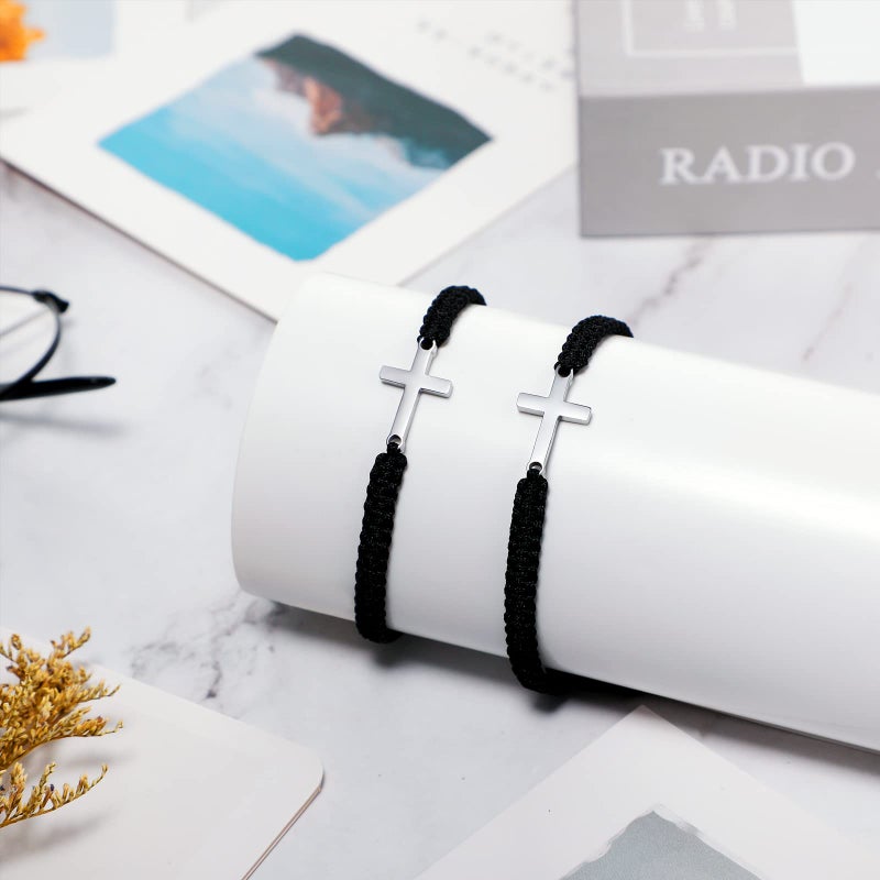 Sureio 2 Pieces Friendship Cross Bracelet Black String Rope Braided Bracelet Cross Charm Adjustable Handmade Matching Couple Bracelets for Women Men Brother Kabbalah Strand Lucky BFF Bracelets (Black) - Image 5