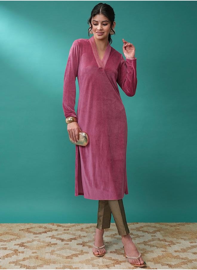 Vishudh - Women Pink V Neck Long Sleeves Gotta Patti Kurta by Styli - Image 1