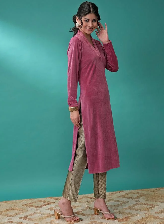 Vishudh Women Pink V Neck Long Sleeves Gotta Patti Kurta by Styli
