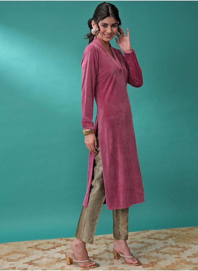 Vishudh - Women Pink V Neck Long Sleeves Gotta Patti Kurta by Styli - Image 1