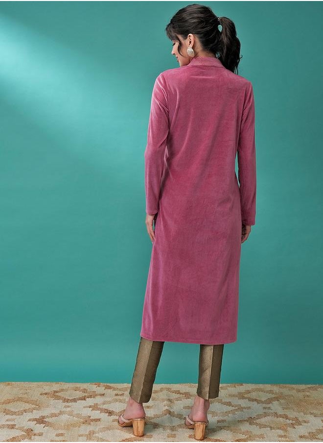 Vishudh - Women Pink V Neck Long Sleeves Gotta Patti Kurta by Styli - Image 1