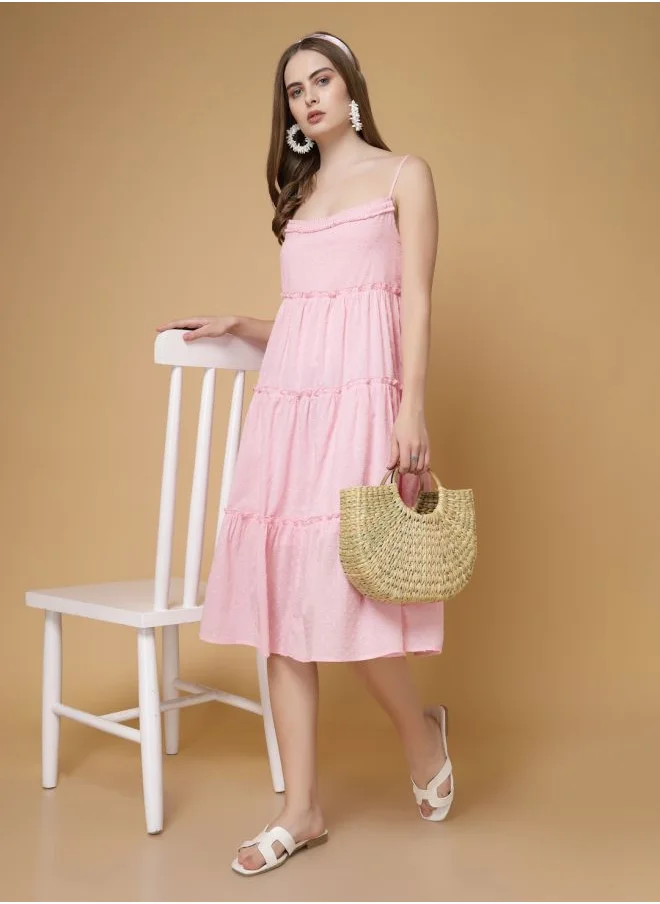 Freehand Women Loose Fit Casual Textured Tiered Dress