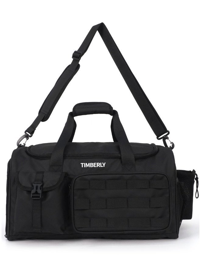 Timberly حقيبة Timberly التاكتيكال دافل بحجرة أحذية منفصلة، شنطة جيم ورياضة وسفر بجيوب متعددة للرجال والنساء، أسود - Image 1