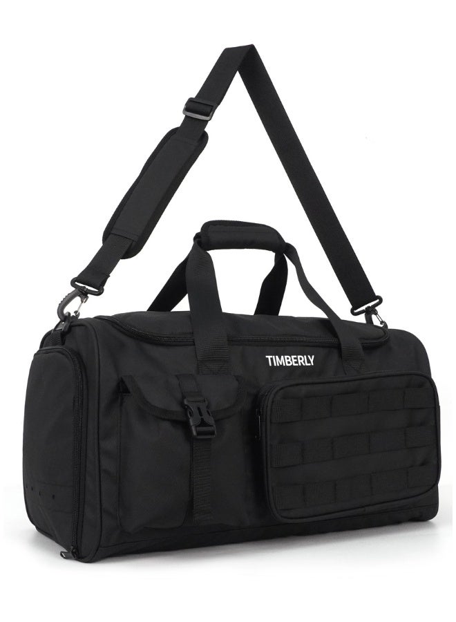 Timberly حقيبة Timberly التاكتيكال دافل بحجرة أحذية منفصلة، شنطة جيم ورياضة وسفر بجيوب متعددة للرجال والنساء، أسود - Image 2