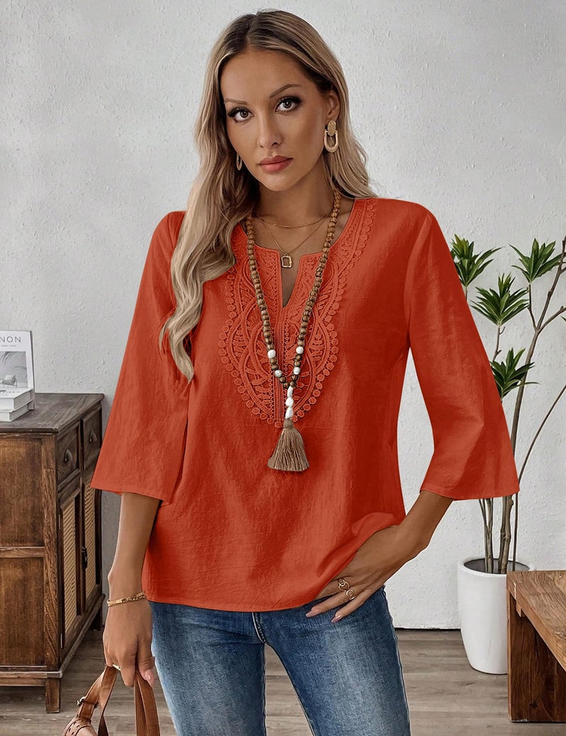 LOMON Womens 3/4 Sleeve T Shirts Cotton V Neck Lace Tops Casual Loose Half Sleeve Ladies Tops and Blouses(Caramel,L) - Image 3