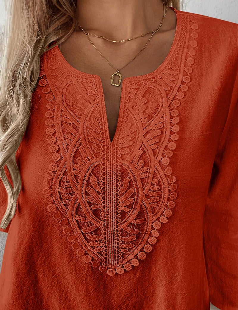 LOMON Womens 3/4 Sleeve T Shirts Cotton V Neck Lace Tops Casual Loose Half Sleeve Ladies Tops and Blouses(Caramel,L) - Image 5