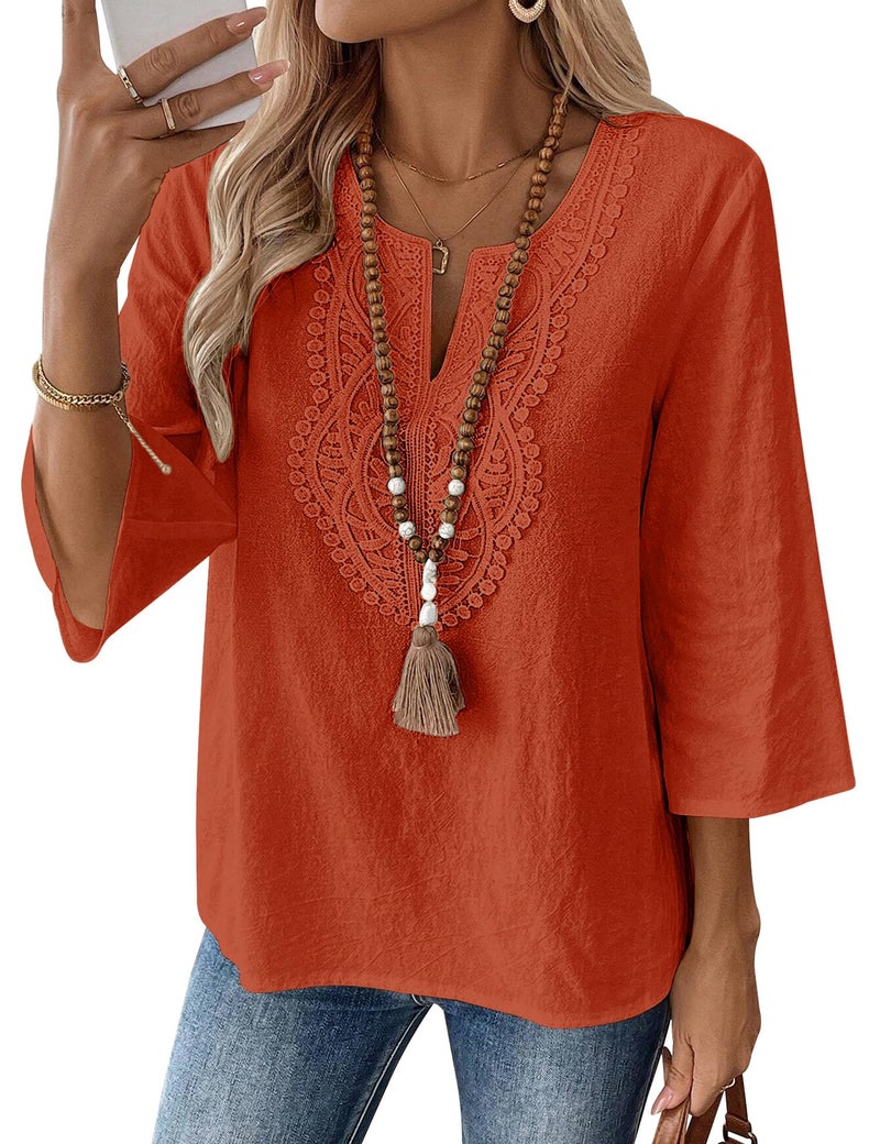 LOMON Womens 3/4 Sleeve T Shirts Cotton V Neck Lace Tops Casual Loose Half Sleeve Ladies Tops and Blouses(Caramel,L) - Image 1