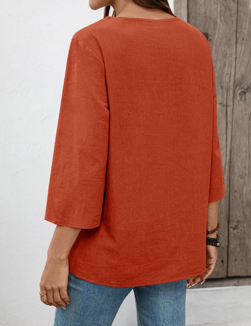 LOMON Womens 3/4 Sleeve T Shirts Cotton V Neck Lace Tops Casual Loose Half Sleeve Ladies Tops and Blouses(Caramel,L) - Image 4