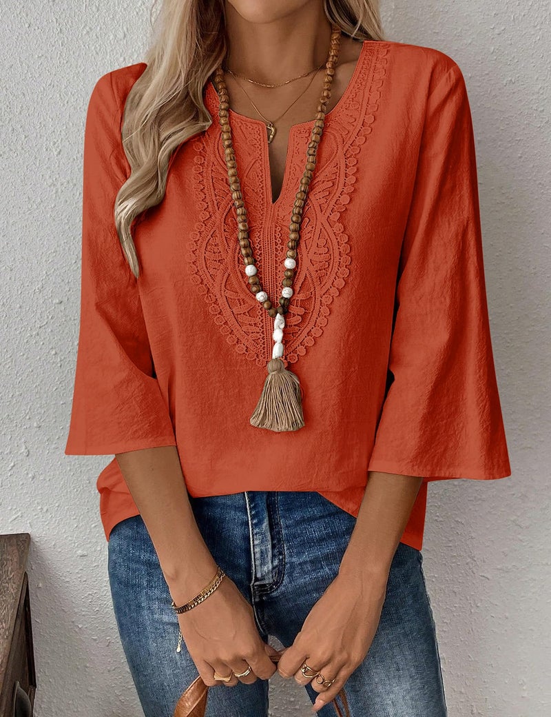 LOMON Womens 3/4 Sleeve T Shirts Cotton V Neck Lace Tops Casual Loose Half Sleeve Ladies Tops and Blouses(Caramel,L) - Image 2