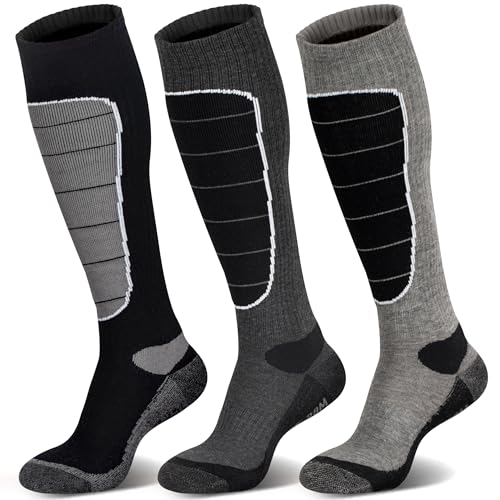 Hylaea Merino Wool Cold Weather Ski Socks for Snowboarding, Snow, Winter - Thermal Knee-High Warm Socks for Hunting, Outdoor Sports (3 Pairs, Black Grey Grey, X-Large) - Image 1