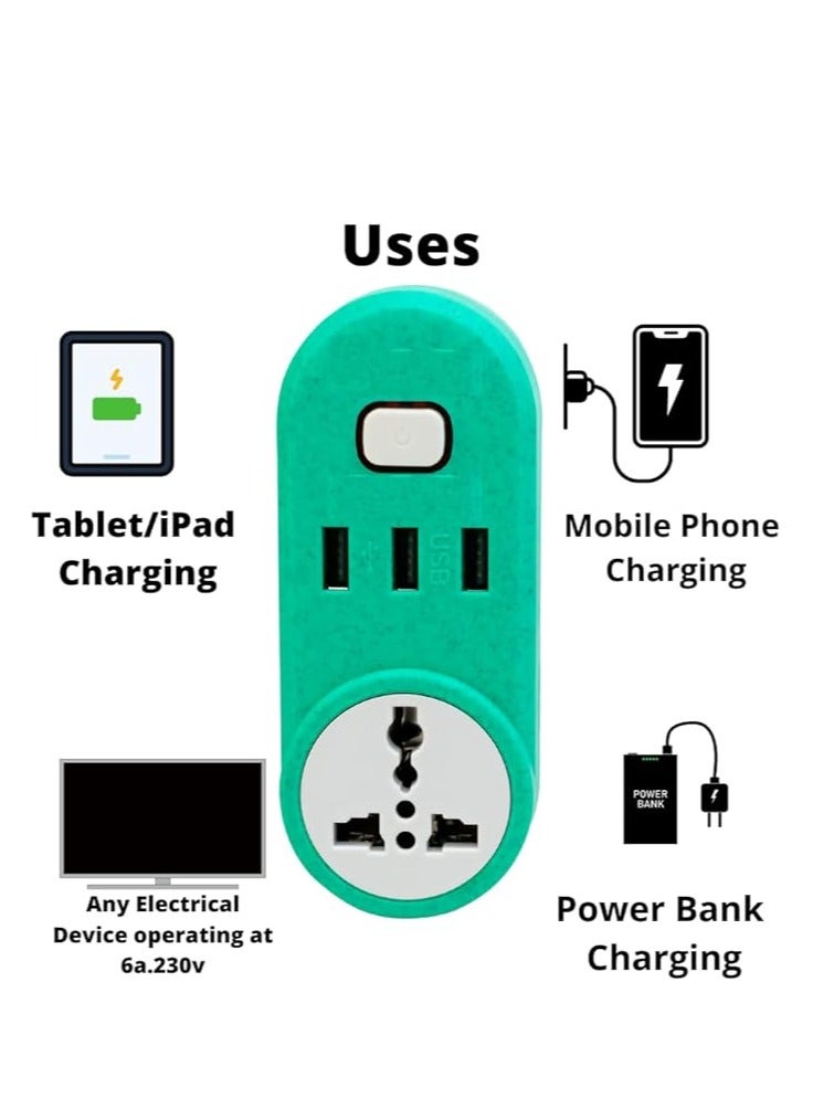 Hi-Plust 3-Pin Multi-Purpose Plug with 3 USB Ports for Fast Charging and 1-6A EU Plug (3-Green)