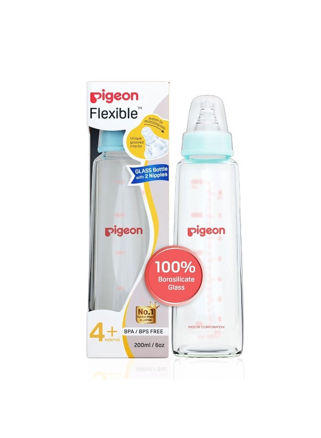 pigeon زجاجة رضاعة/تغذية زجاجية مرنة مع حلمة إضافية M، للأطفال من 4 أشهر فما فوق، زجاجة رضاعة/تغذية من زجاج البورسليكات، خالية من BPA، خالية من BPS، لون أزرق باهت، 200 مل - Image 1