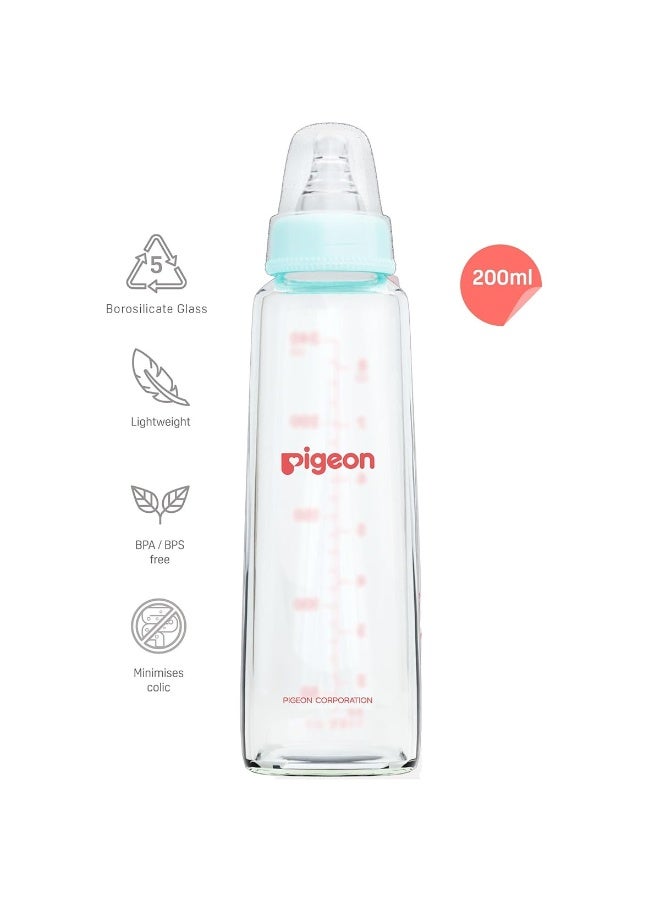 pigeon زجاجة رضاعة/تغذية زجاجية مرنة مع حلمة إضافية M، للأطفال من 4 أشهر فما فوق، زجاجة رضاعة/تغذية من زجاج البورسليكات، خالية من BPA، خالية من BPS، لون أزرق باهت، 200 مل - Image 2