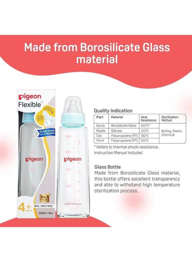 pigeon زجاجة رضاعة/تغذية زجاجية مرنة مع حلمة إضافية M، للأطفال من 4 أشهر فما فوق، زجاجة رضاعة/تغذية من زجاج البورسليكات، خالية من BPA، خالية من BPS، لون أزرق باهت، 200 مل - Image 5