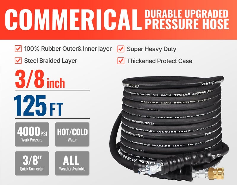YAMATIC 3/8" Kink Resistant Pressure Washer Hose 125FT, Swivel 3/8" Quick Connector, 4000 PSI High Durability Cold Hot Water Max. 212°F, Fit Most Residential and Commercial Pressure Washer - Image 2
